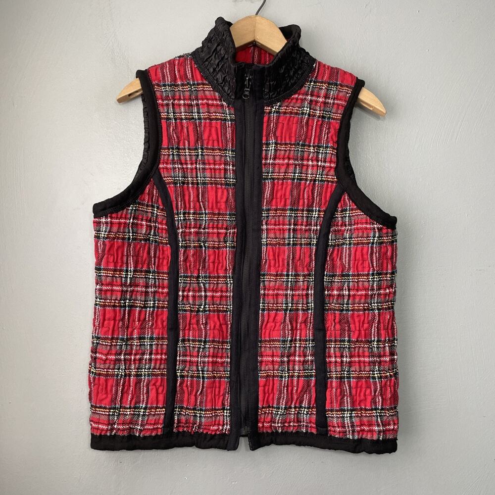 Lana Sport Reversible Vest Size 8 Red Black Plaid Crinkle Gilet Artsy Chic Prep